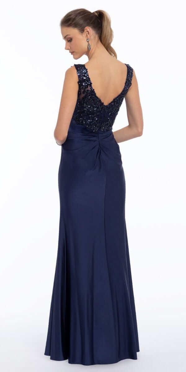black/size/4/missy/Camille La Vie/Deep V Beaded Column Dress with Slit/back