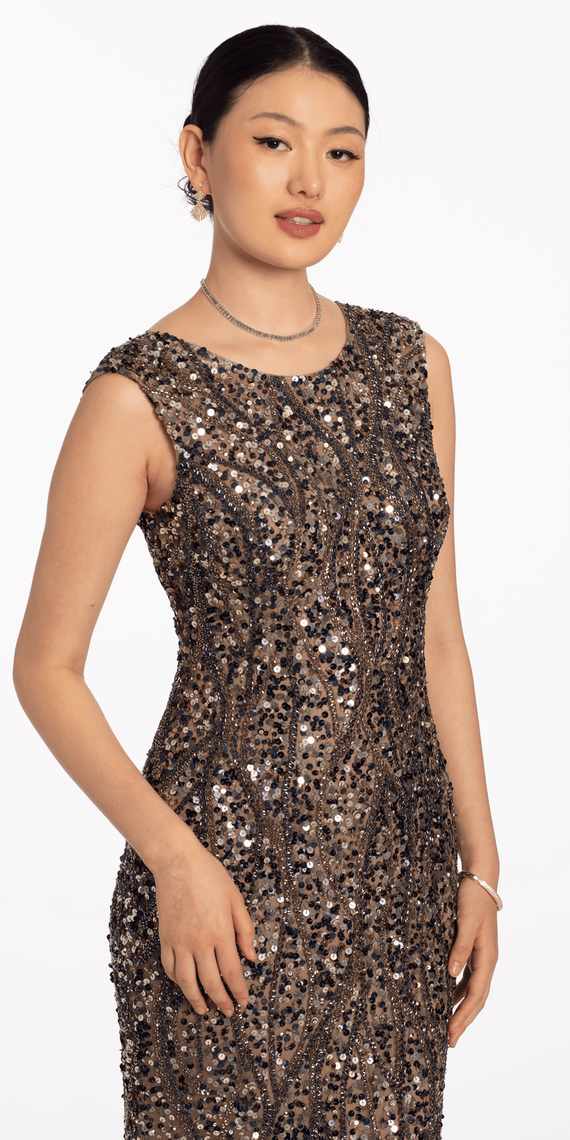 Two Tone Boat Neck Beaded Sequin Cap Sleeve Column Dress Image 3