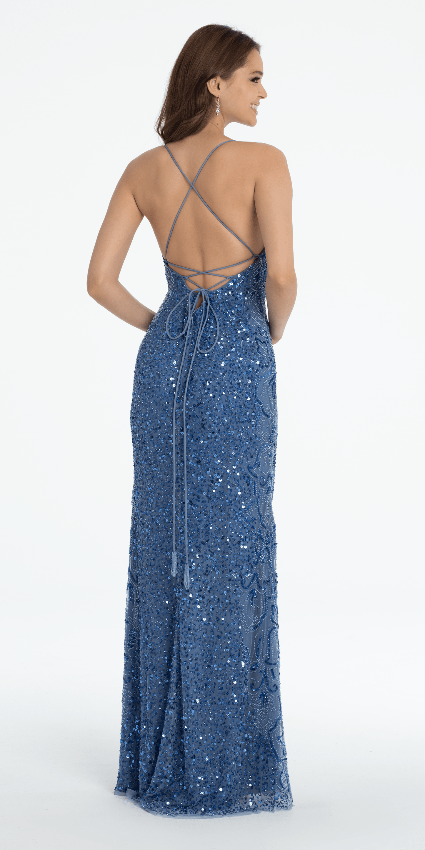 denim-blue Size 00 missy Camille La Vie Strappy Back Sequin Halter Column Dress with Side Slit