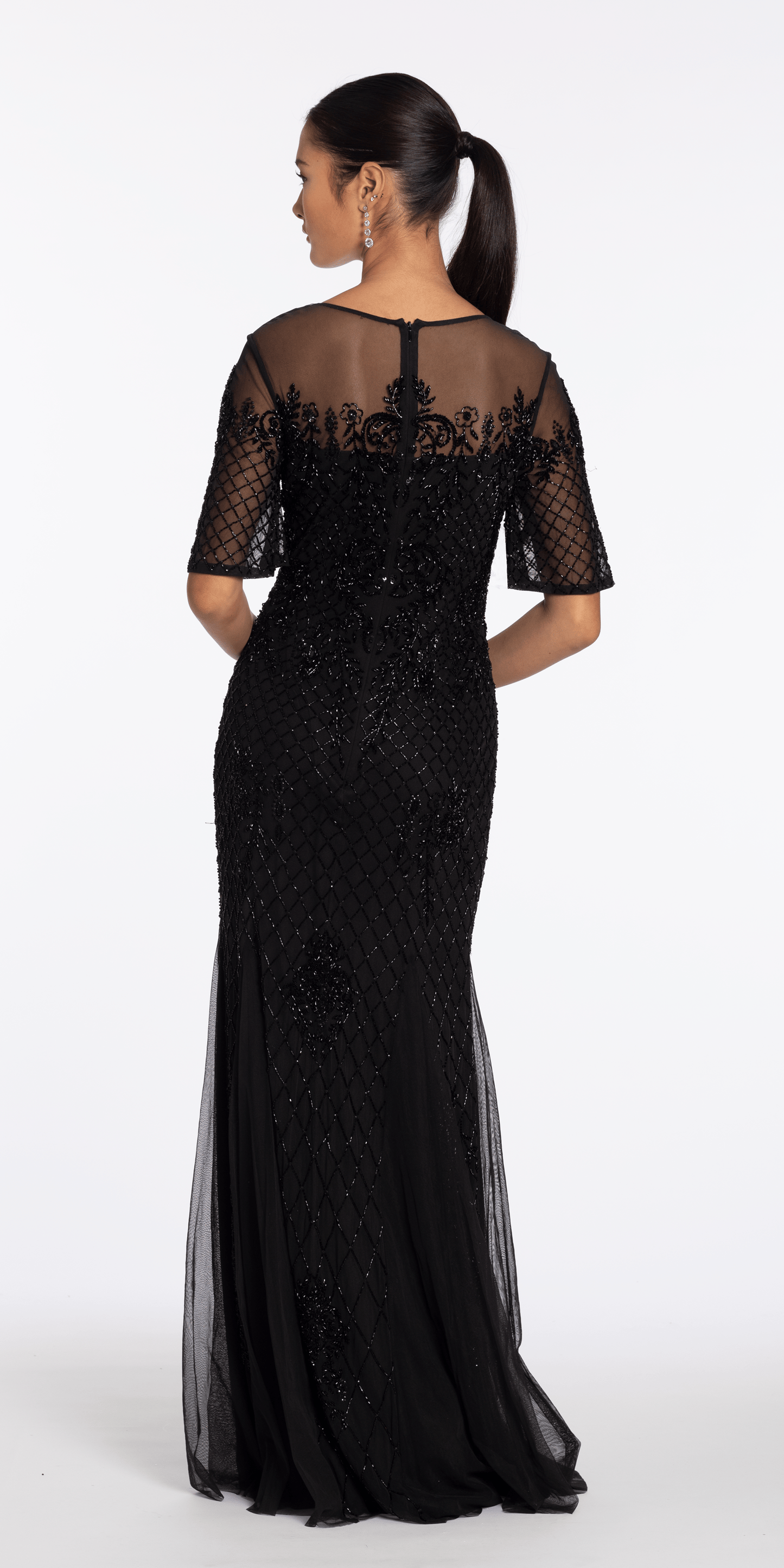 black/size/4/missy/Camille La Vie/Beaded Illusion Short Sleeve Trumpet Dress with Godets/back