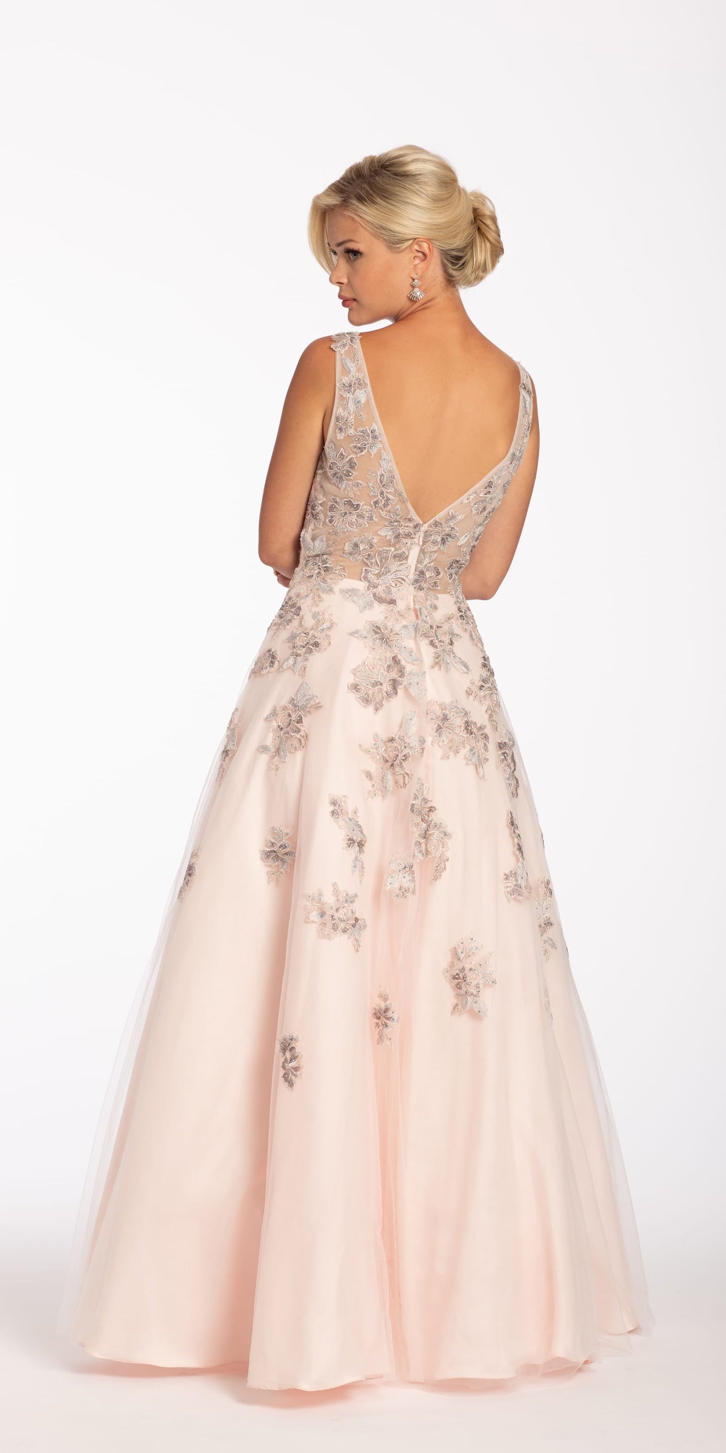 blush Size 0 missy Camille La Vie Plunging Tulle Ballgown with Metallic Floral Applique