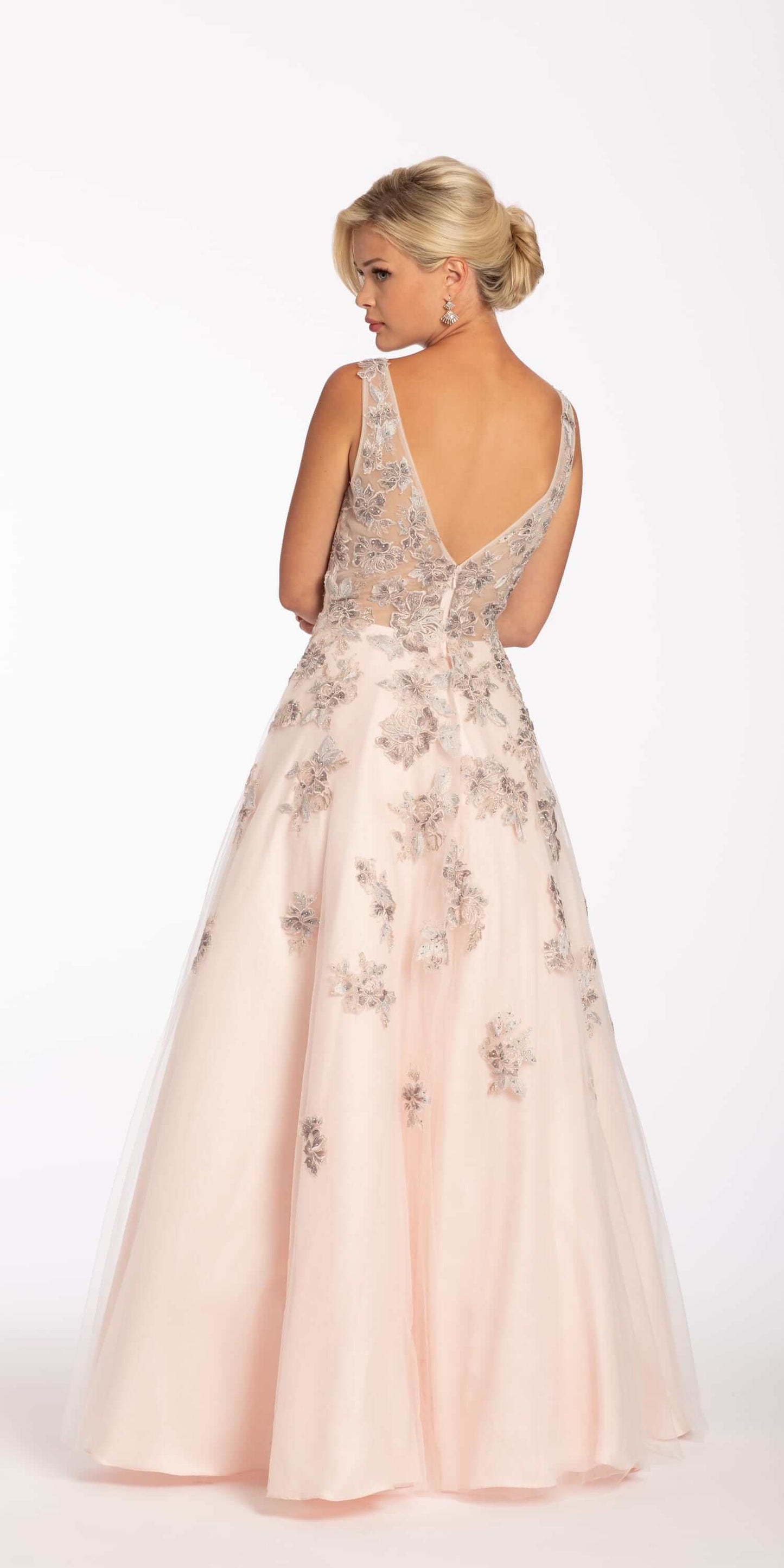 blush/size/2/missy/Camille La Vie/Plunging Tulle Ballgown with Metallic Floral Applique/Back