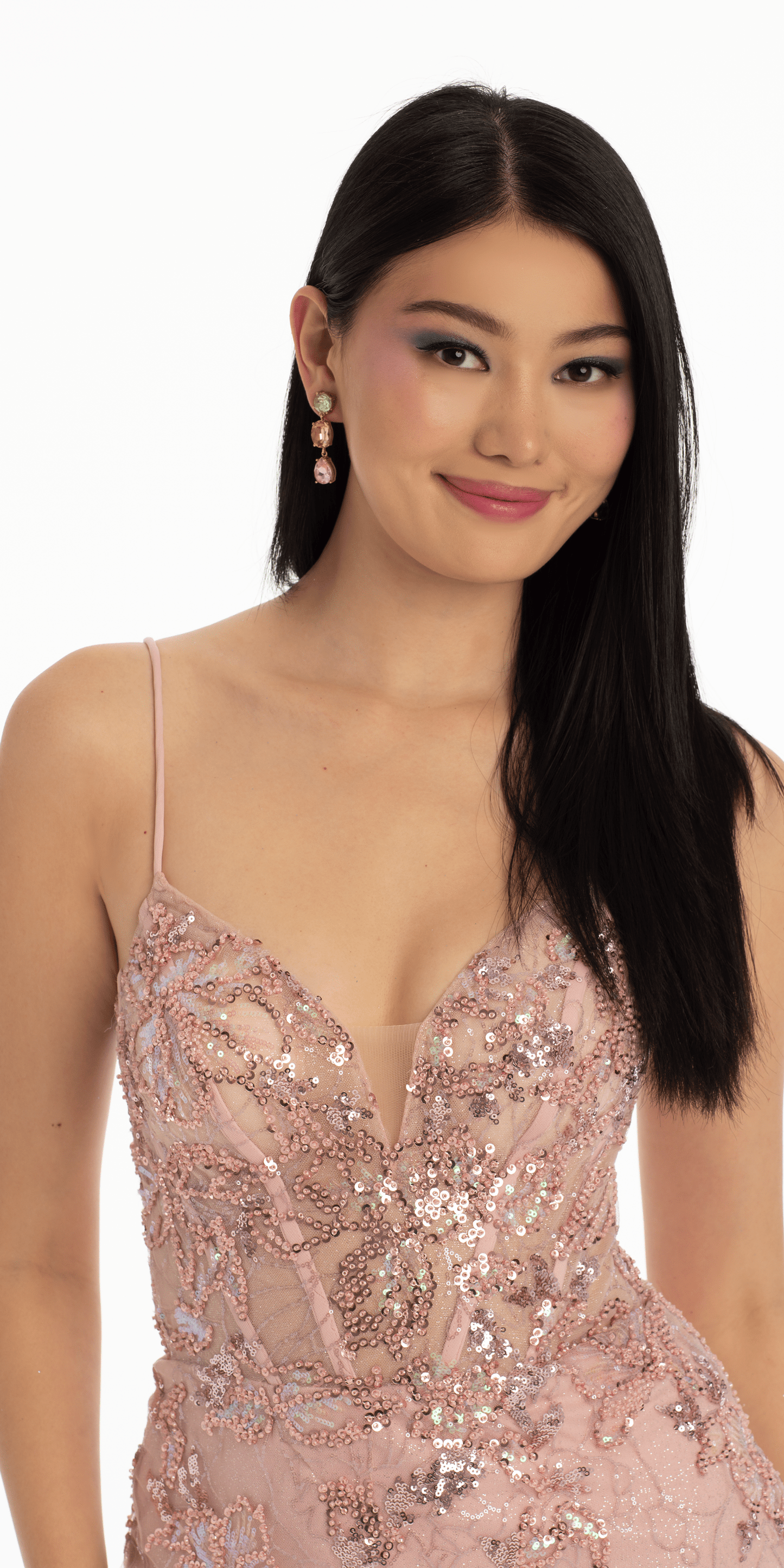pink Size 00 missy Camille La Vie Plunging Sequin Floral Applique Corset Mermaid Dress