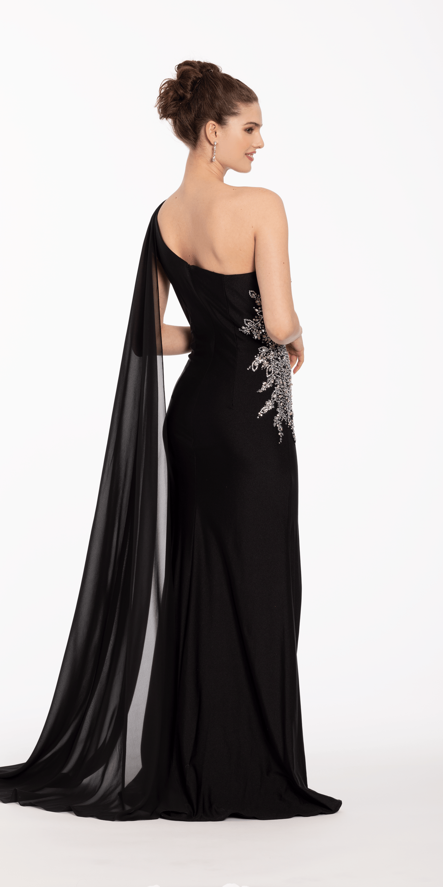black Size 2 missy Camille La Vie One Shoulder Side Cascade Dress with Rhinestone Detail