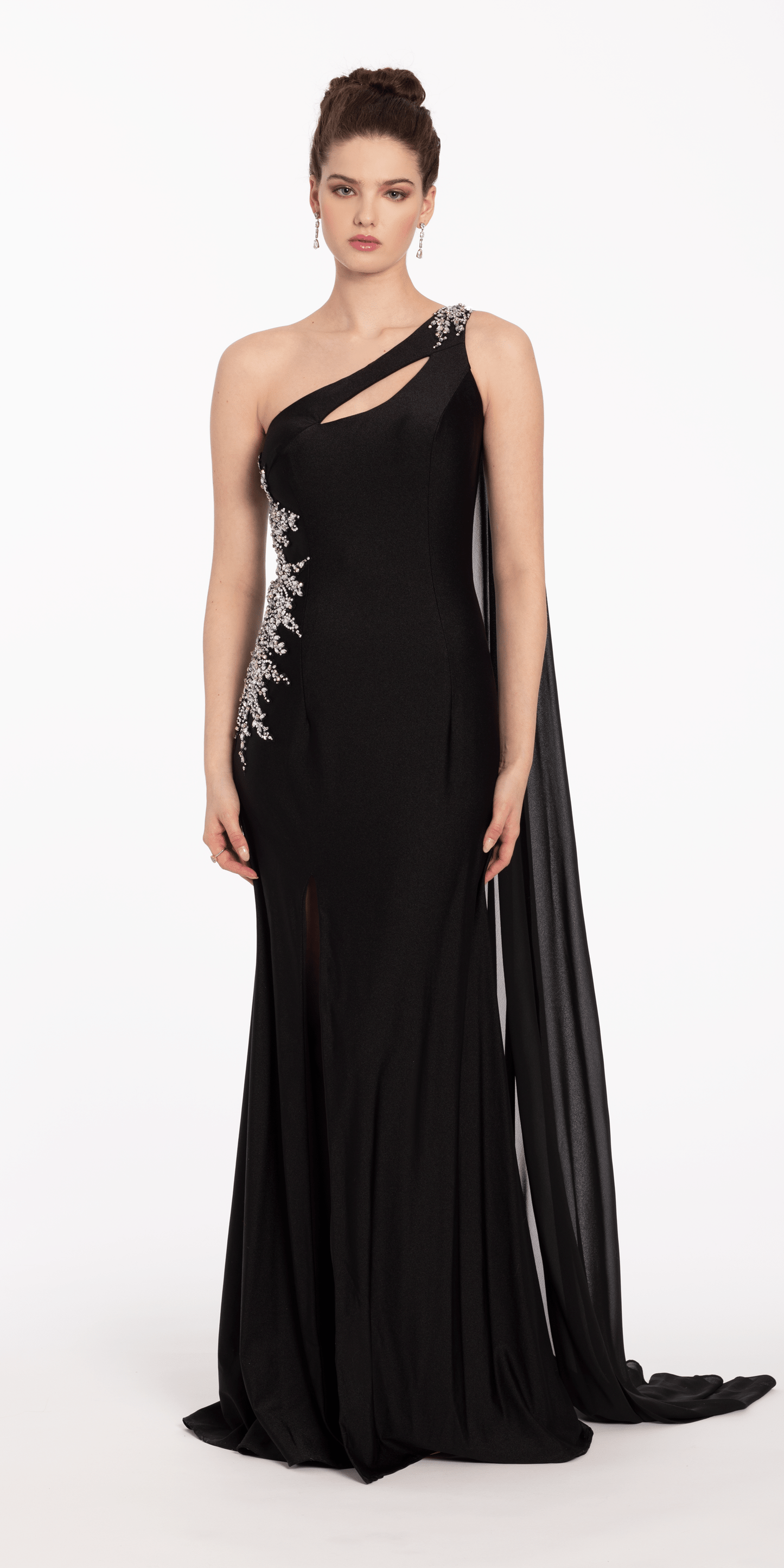 black Size 0 missy Camille La Vie One Shoulder Side Cascade Dress with Rhinestone Detail