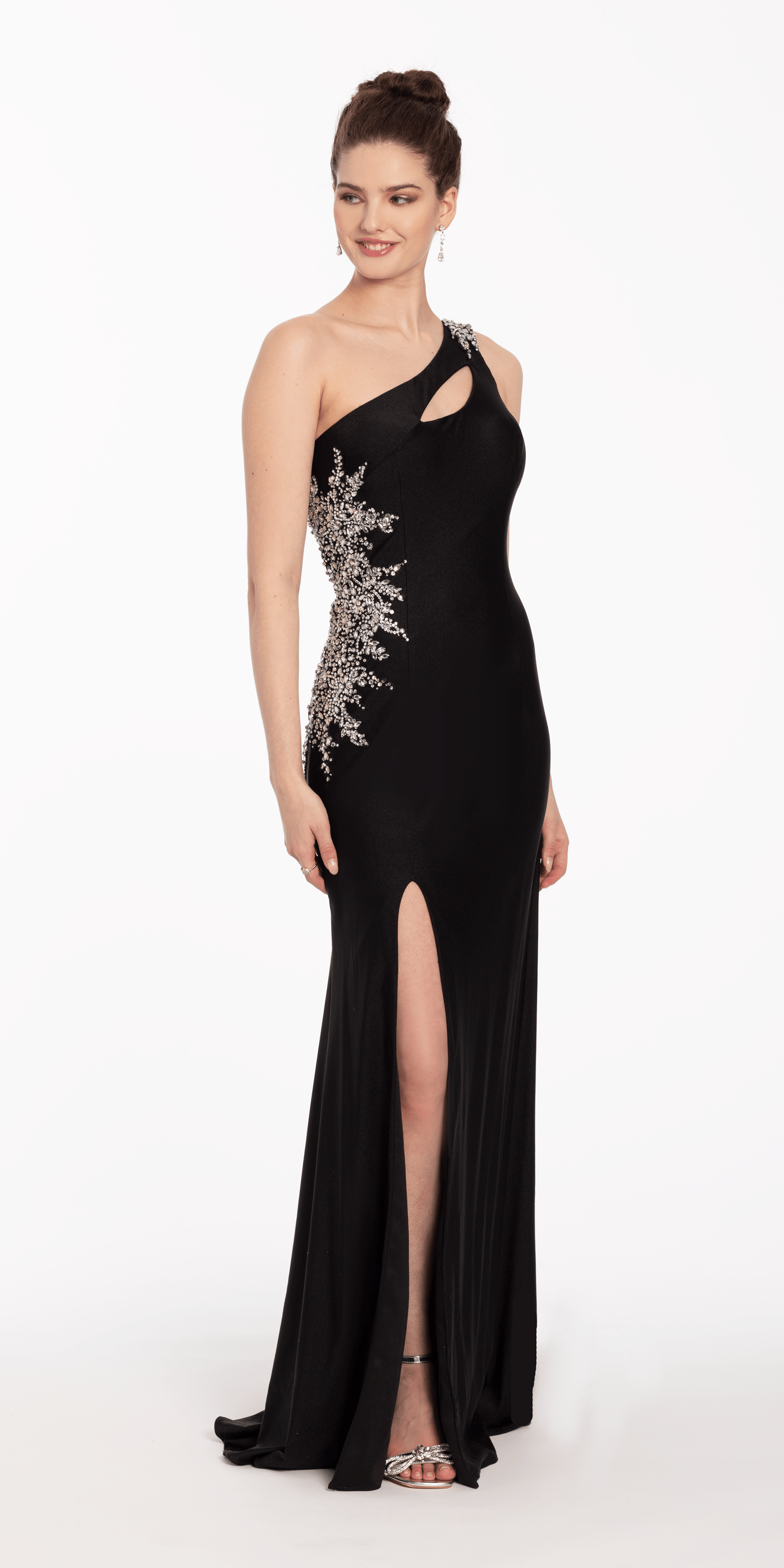 black Size 2 missy Camille La Vie One Shoulder Side Cascade Dress with Rhinestone Detail