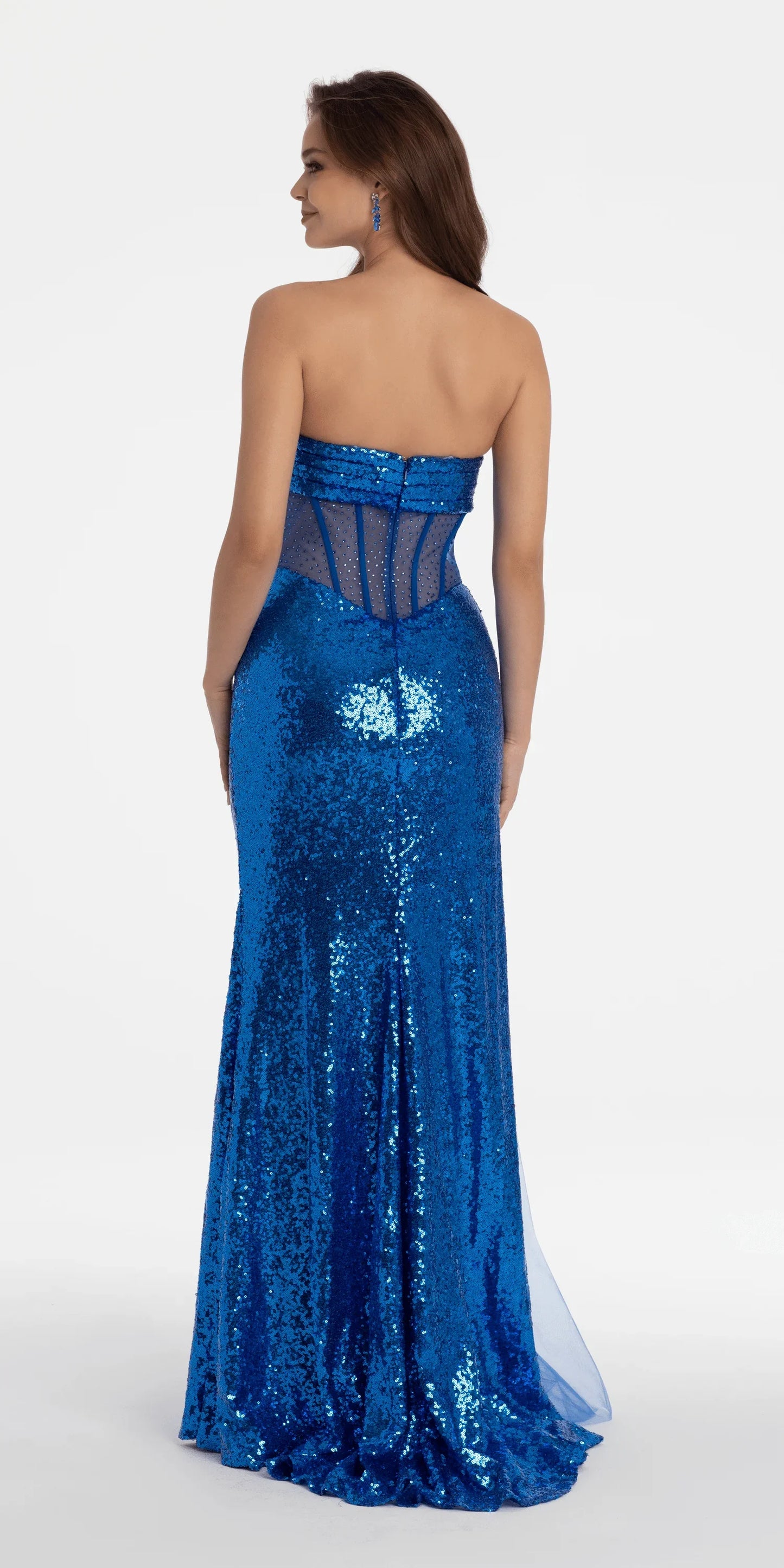 Plunging Sequin Corset High Slit Dress with Side Cascade - Camille La Vie