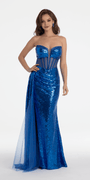 Plunging Sequin Corset High Slit Dress with Side Cascade Image 3