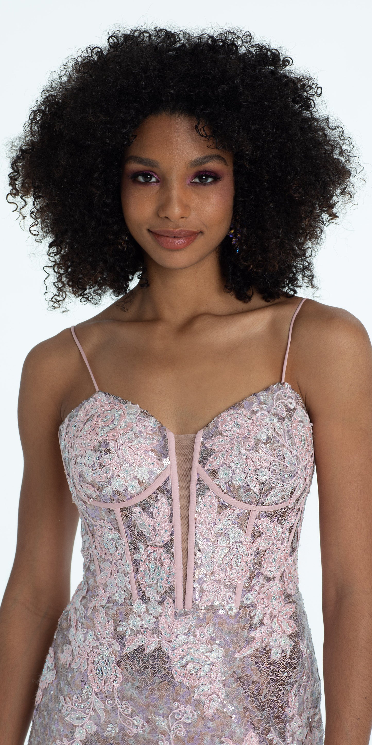 Camille La Vie /Sweetheart Sequin Applique Corset Column Dress with Sweep Train/missy/size/0 pink/close up