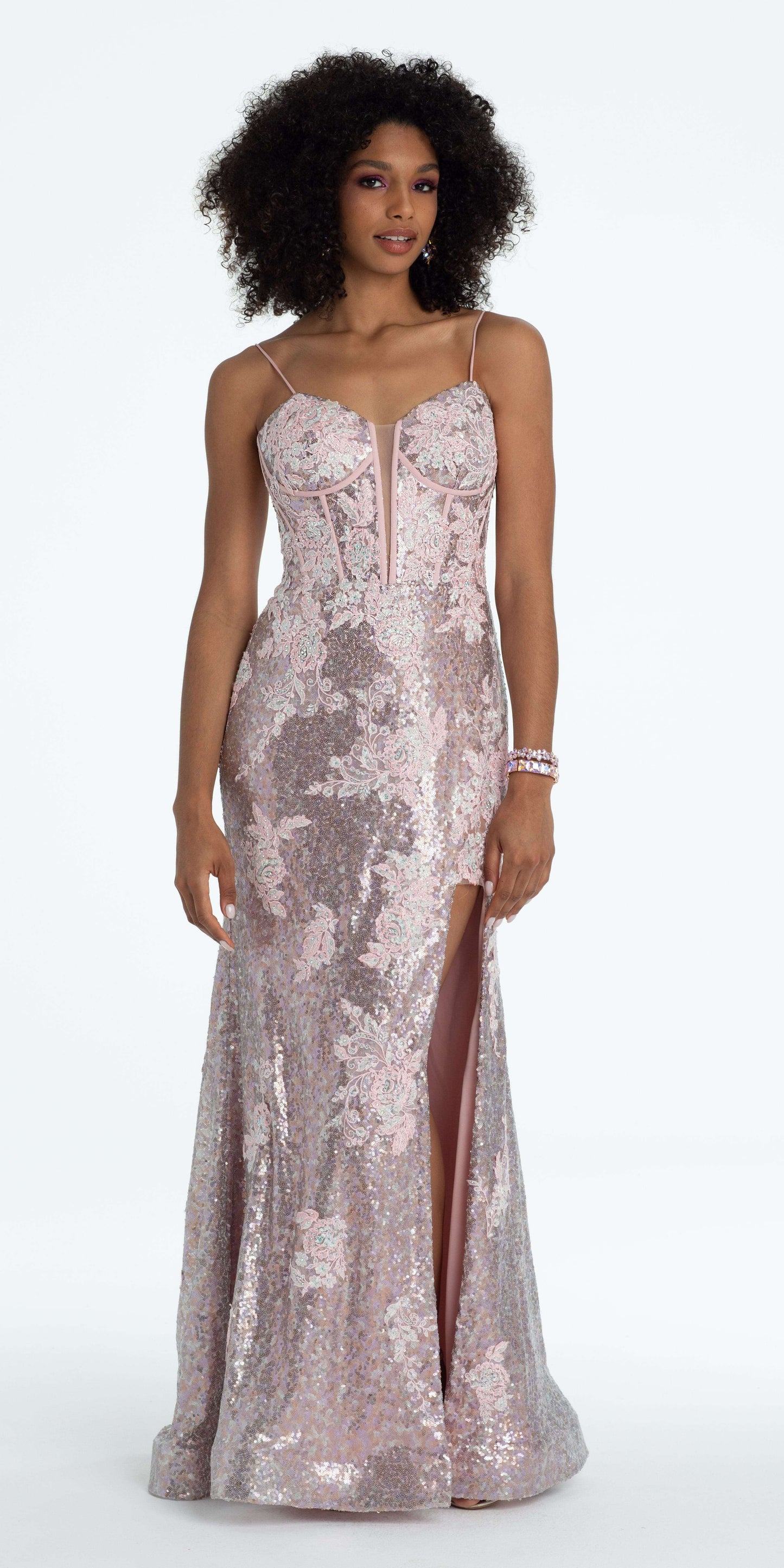 Camille La Vie /Sweetheart Sequin Applique Corset Column Dress with Sweep Train/missy/size/0 pink/front