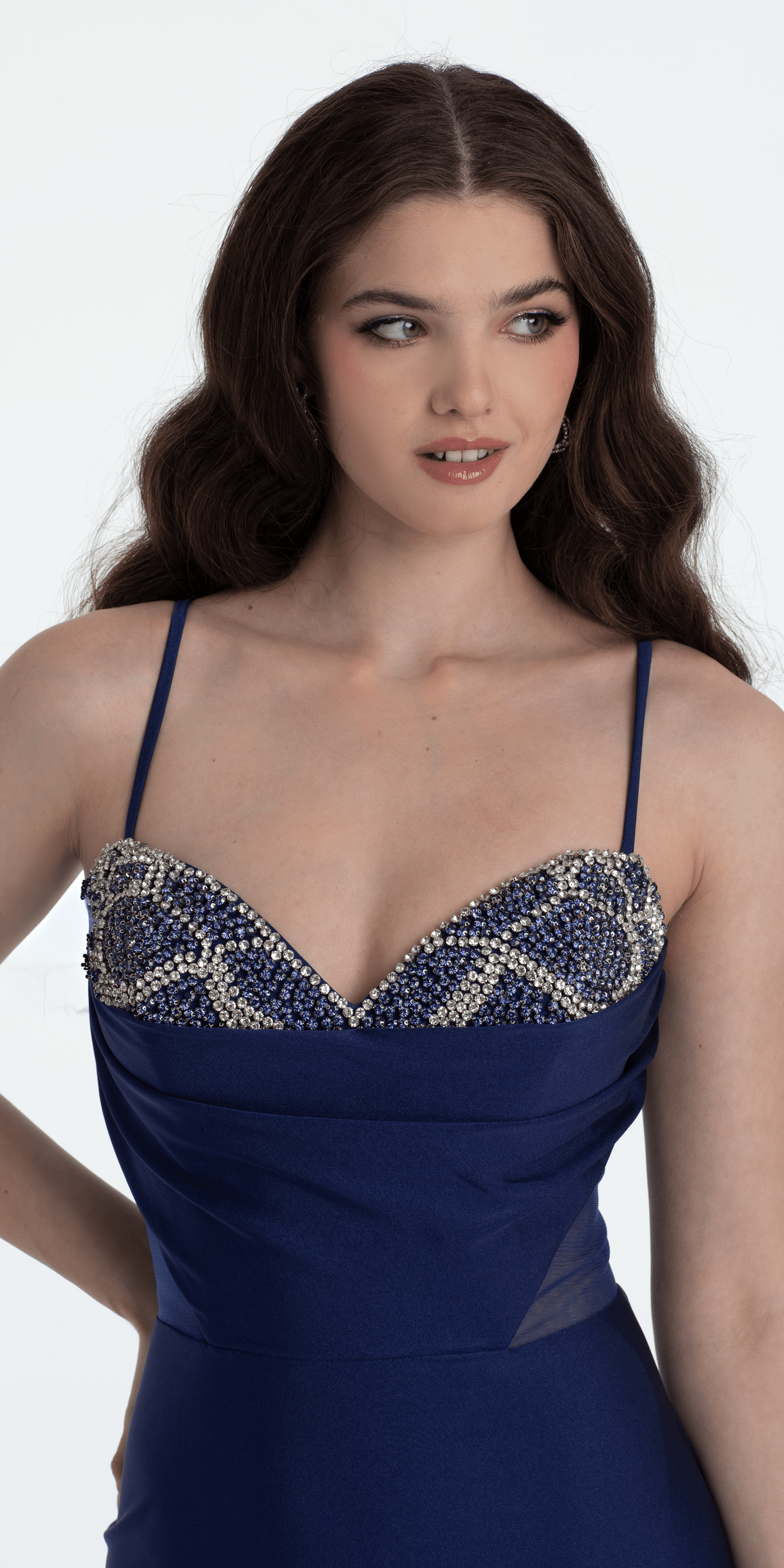Camille La Vie /Spandex Beaded Sweetheart Trumpet Dress with Illusion Side Panels/missy/size/2/dark blue/close up alt