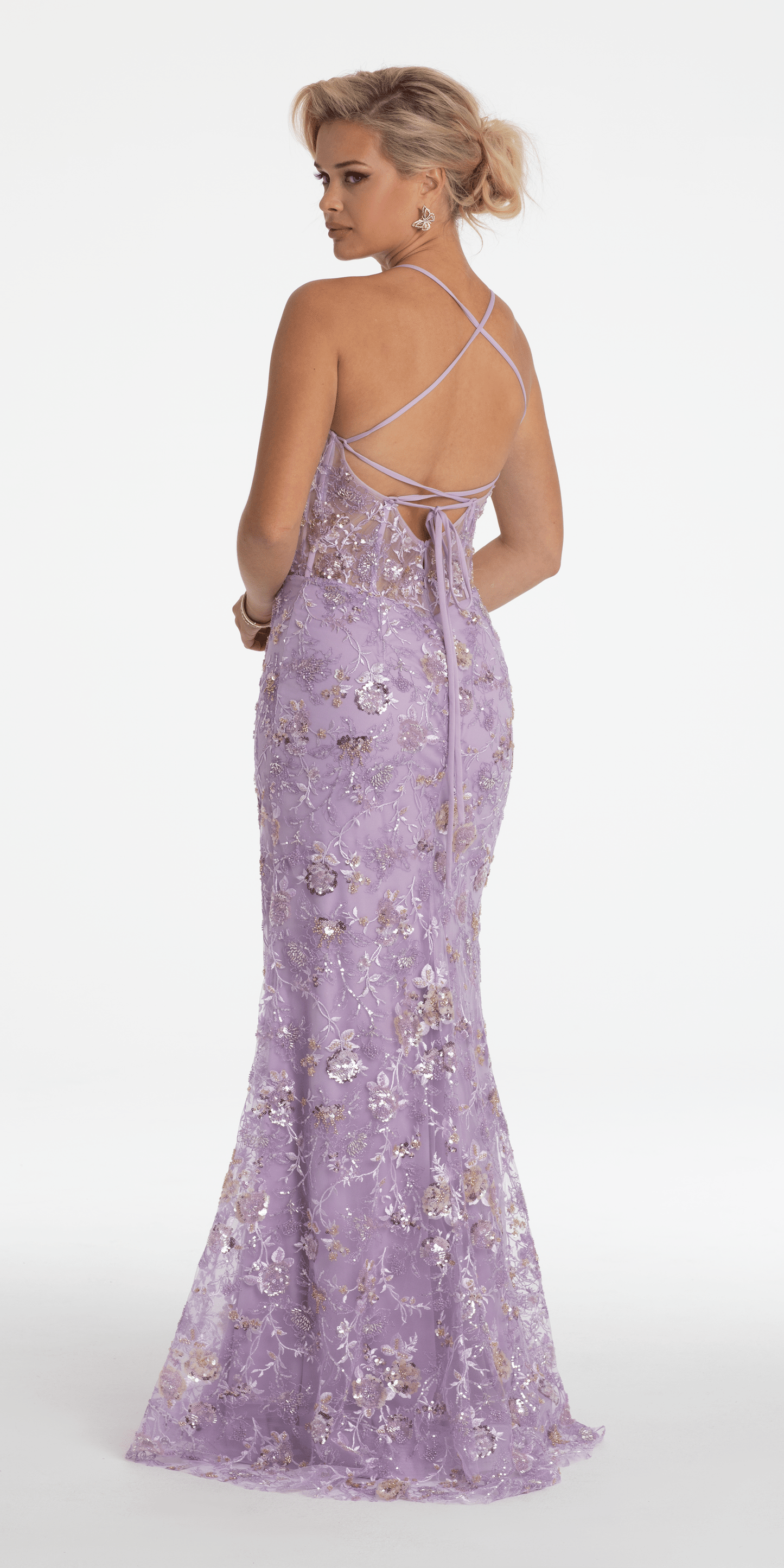 lilac Size 00 missy Camille La Vie Floral Embellished Mesh Halter Lace Up Back Trumpet Dress