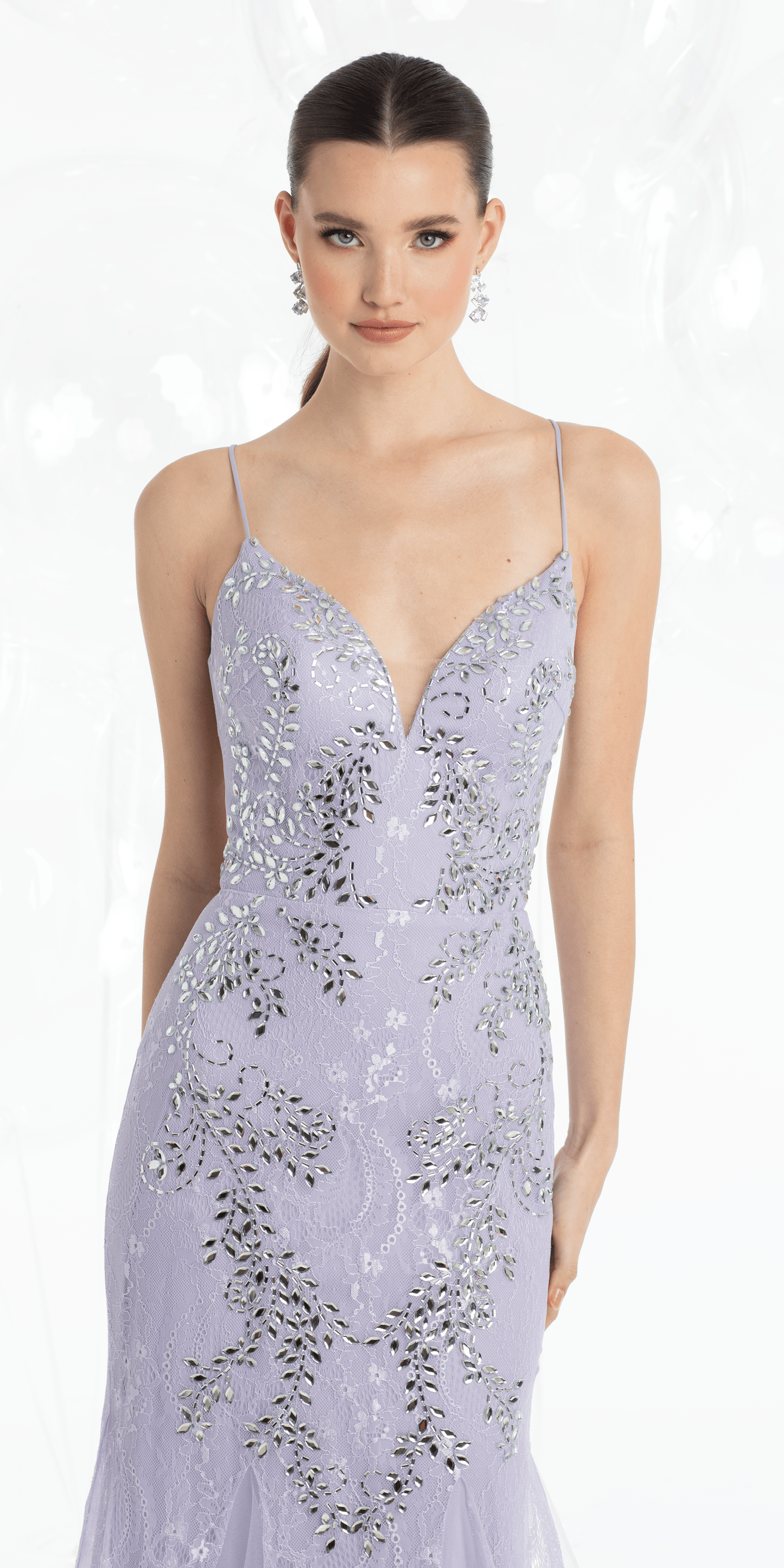 Camille La Vie Strappy Back Crystal Beaded Lace Plunge Mermaid Dress with Godets