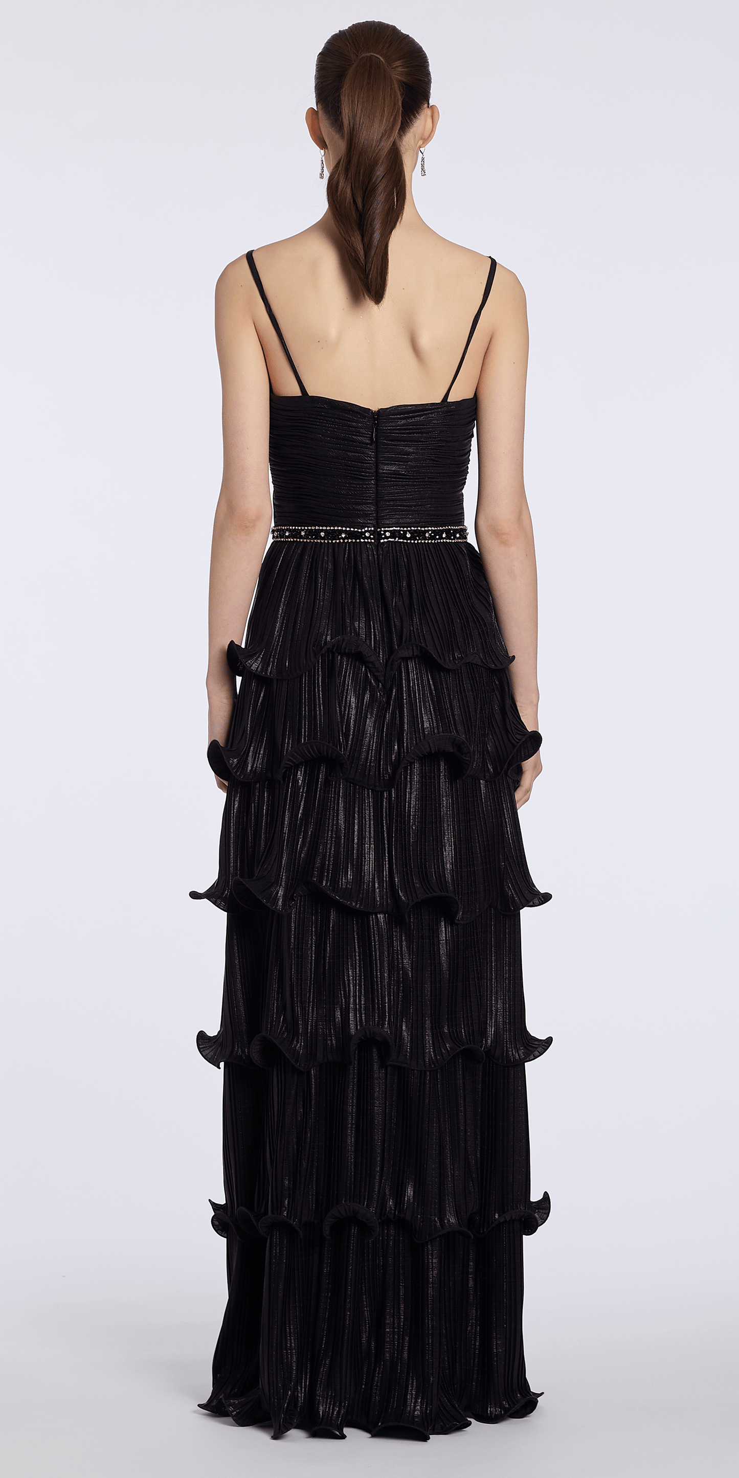 black/size/4/missy/Camille La Vie /Sweetheart Metallic Knit Pleated Tiered A Line Dress with Beaded Waist/back