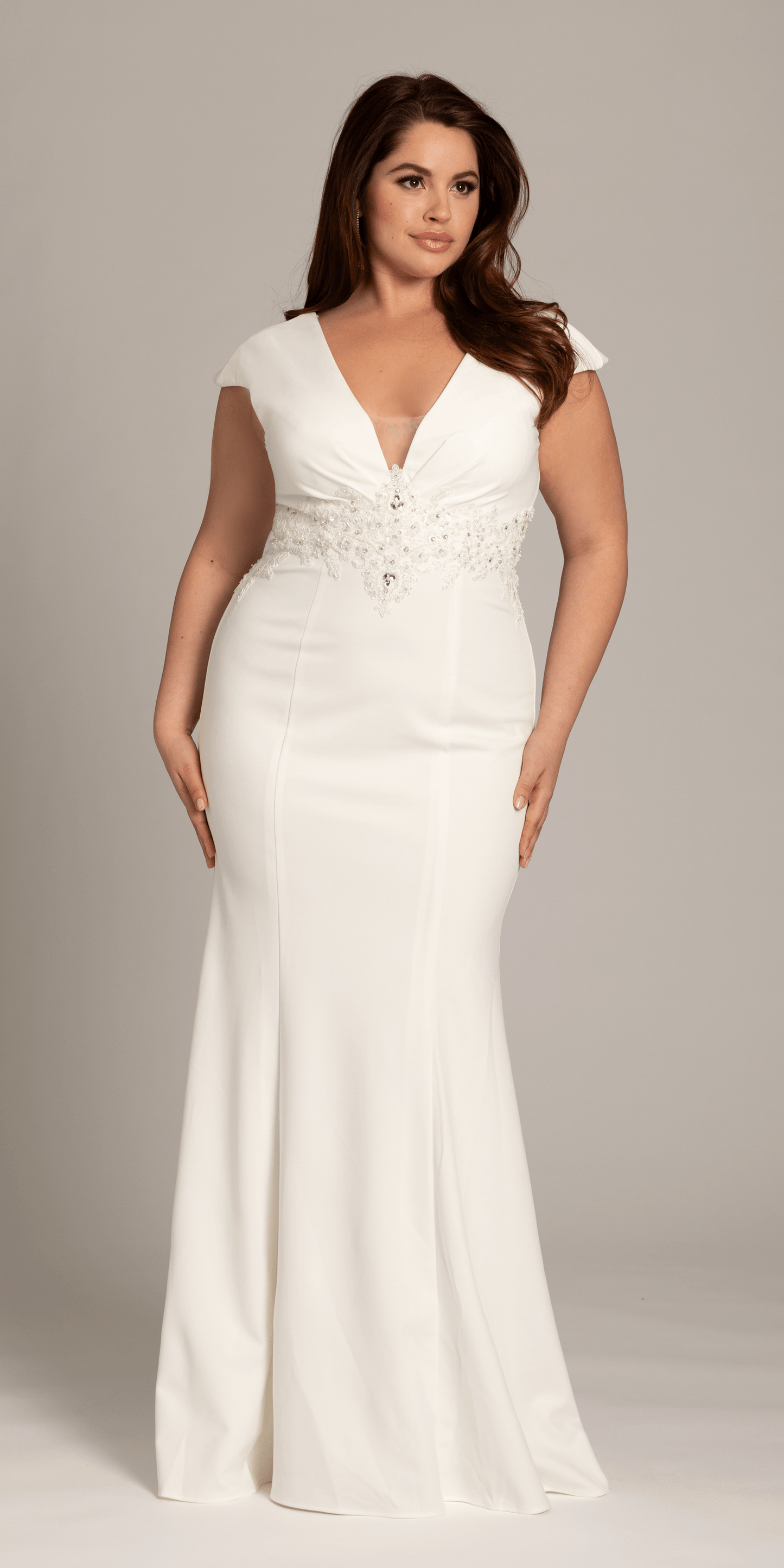 Ivory/Missy/Size 16/Camille La Vie/ Ponte Cap Sleeve Plunging Beaded Mermaid Dress/front
