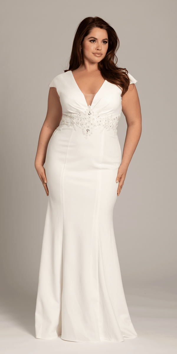 Ponte Cap Sleeve Plunging Beaded Mermaid Dress Image 1