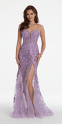 Embroidered Plunging Corset Dress with Sheer Trumpet Skirt Image 3
