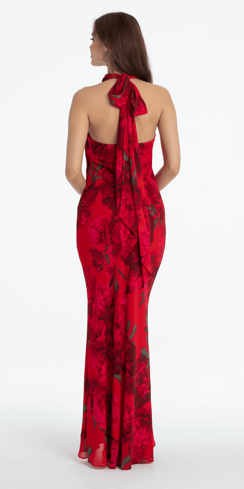 Rose Print Cowl Neck Tie Back Halter Column Dress Image 6