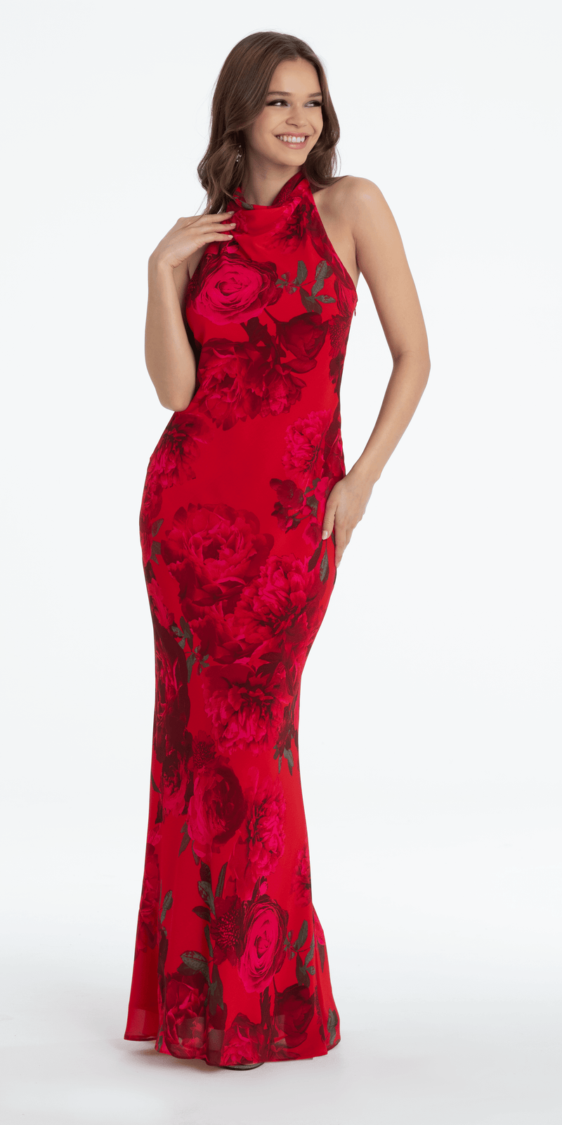 Rose Print Cowl Neck Tie Back Halter Column Dress Image 1