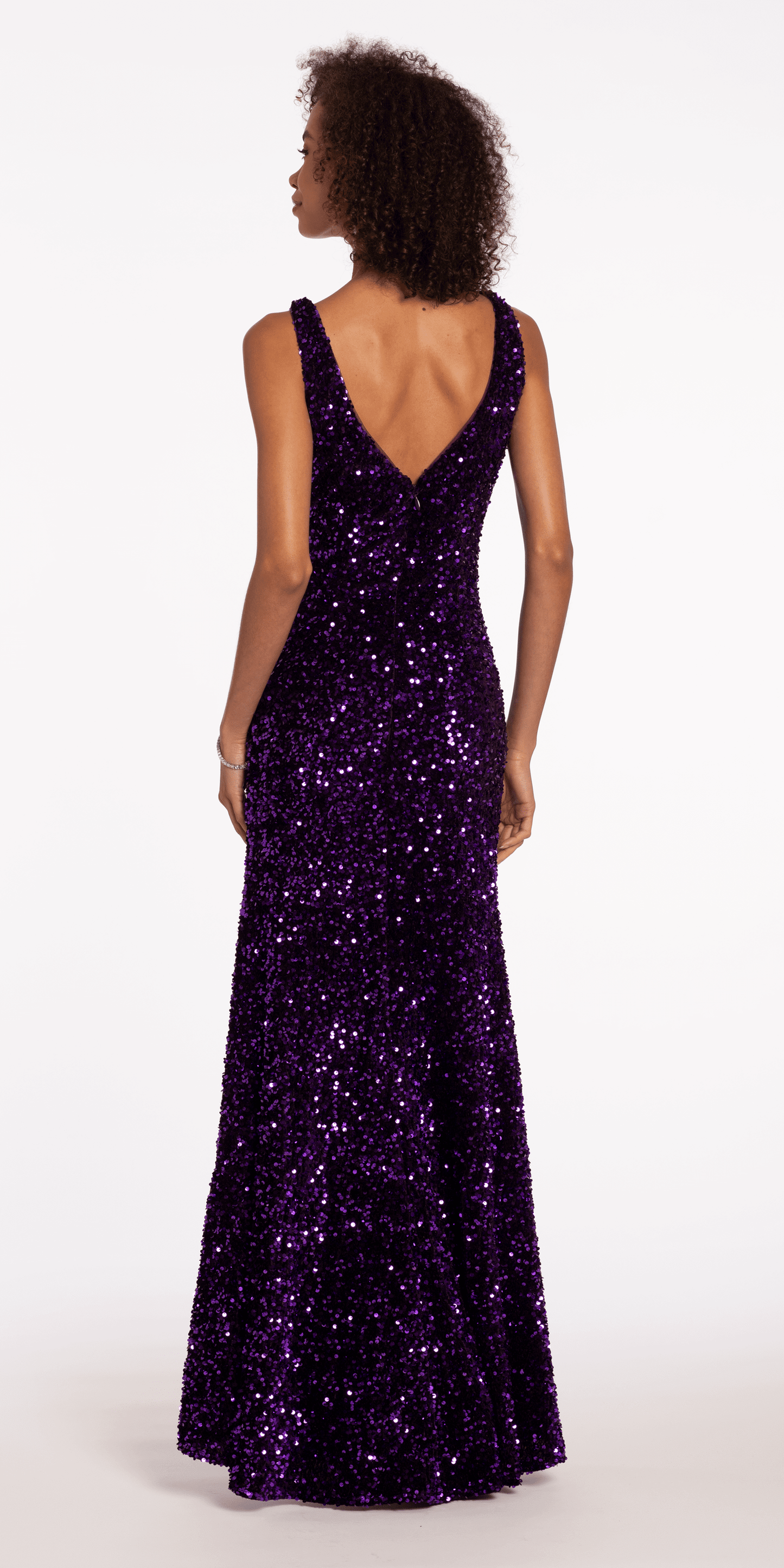 Camille La Vie V Neck Sequin Velvet Trumpet Dress with Side Slit