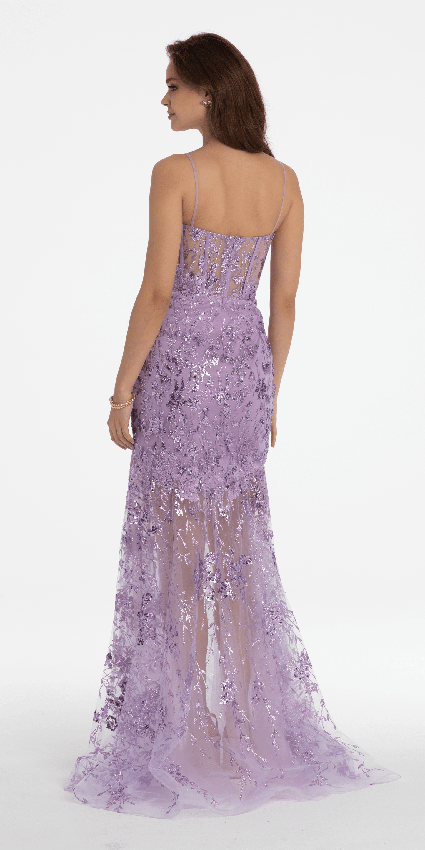 Camille La Vie Embroidered Plunging Corset Dress with Sheer Trumpet Skirt