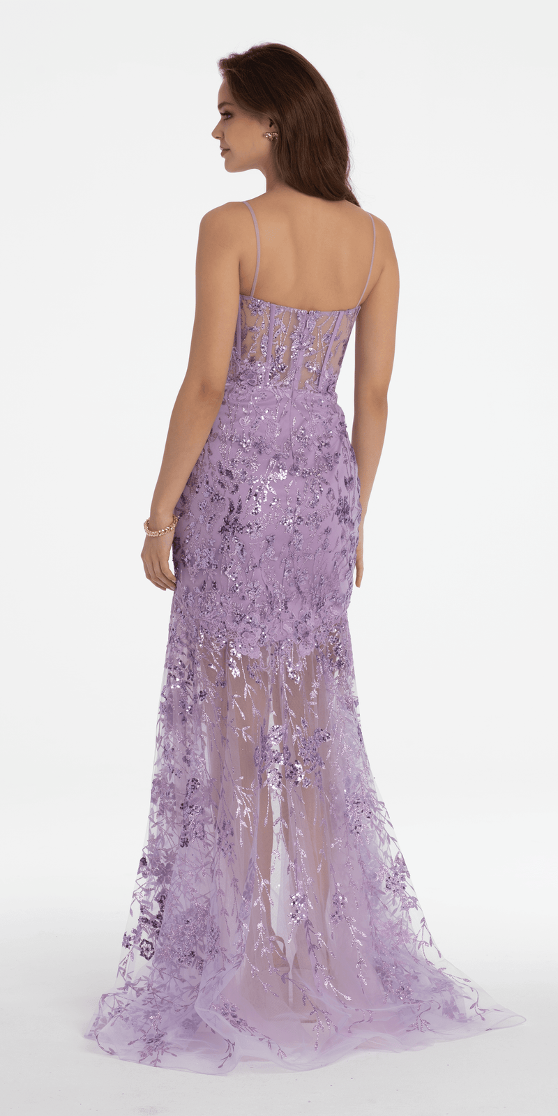 Embroidered Plunging Corset Dress with Sheer Trumpet Skirt Image 4