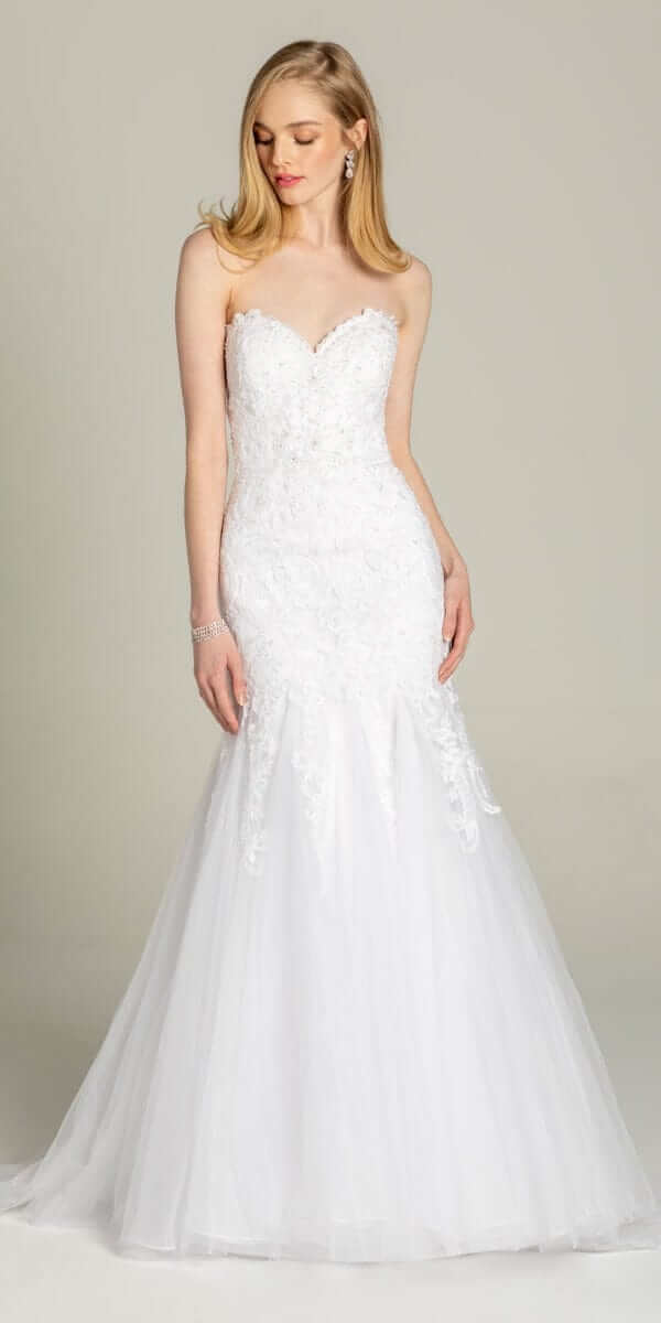 white/ Size 12/ missy/ Camille La Vie /Sweetheart Embroidered Trumpet Dress with Tulle Godets/front