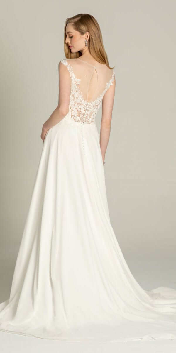 Camille La Vie Illusion Cap Sleeve Chiffon A Line Dress with Floral Appliques