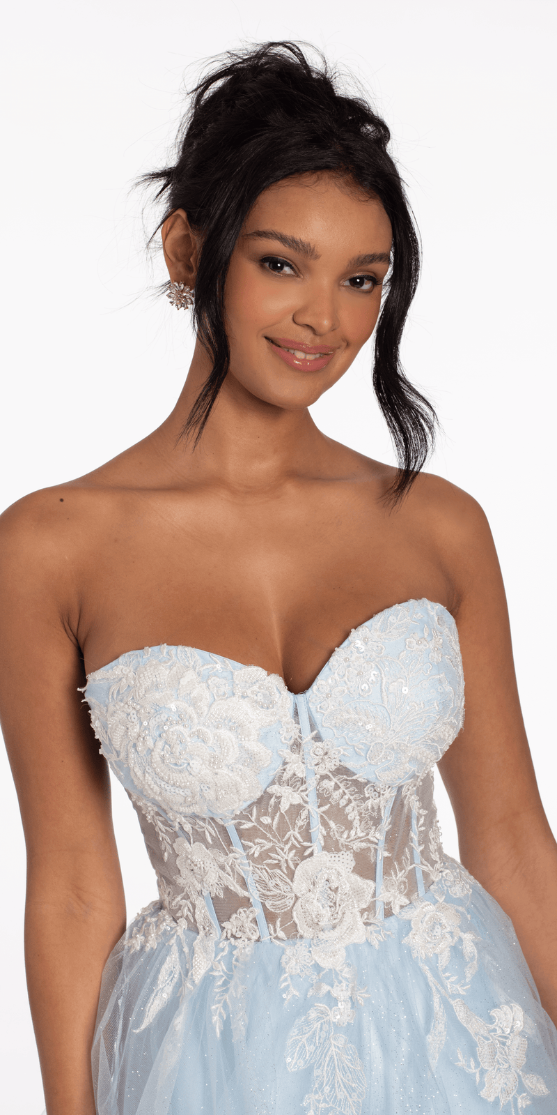 Strapless Pearl Embellished Corset Glitter Fit and Flare Dress Image 2