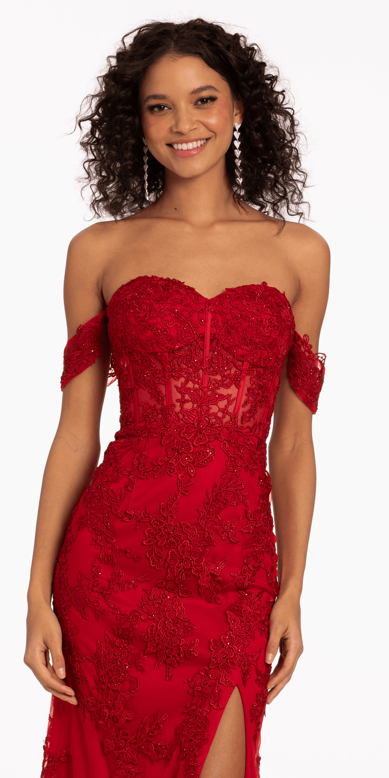 Off the Shoulder Embroidered Corset Column Dress with Keyhole Back Image 2
