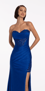 Strapless Sweetheart Glitter Corset Column Dress with Exaggerated Slit Image 3