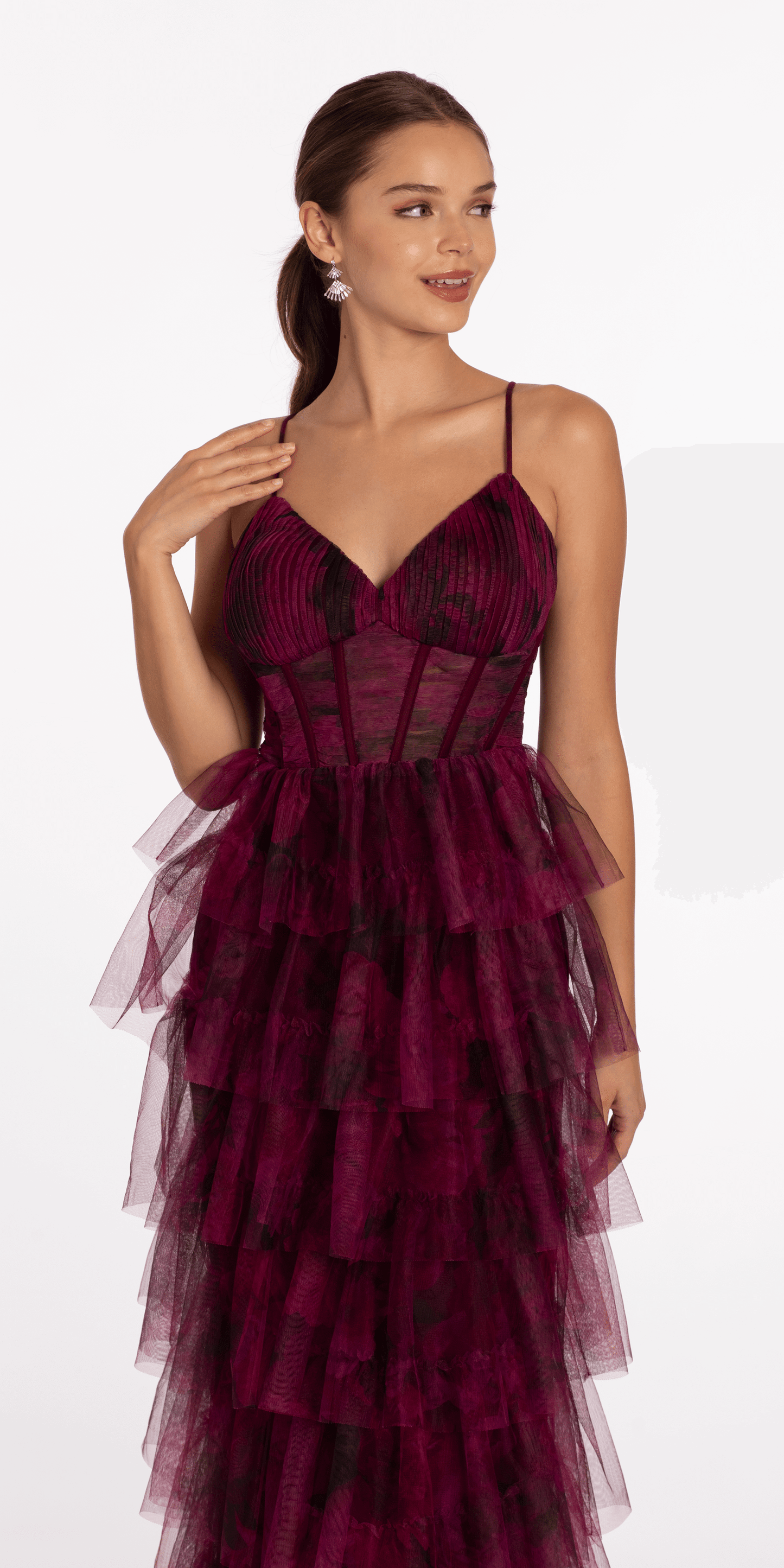 Camille La Vie Print Mesh Sweetheart Corset Tiered Dress