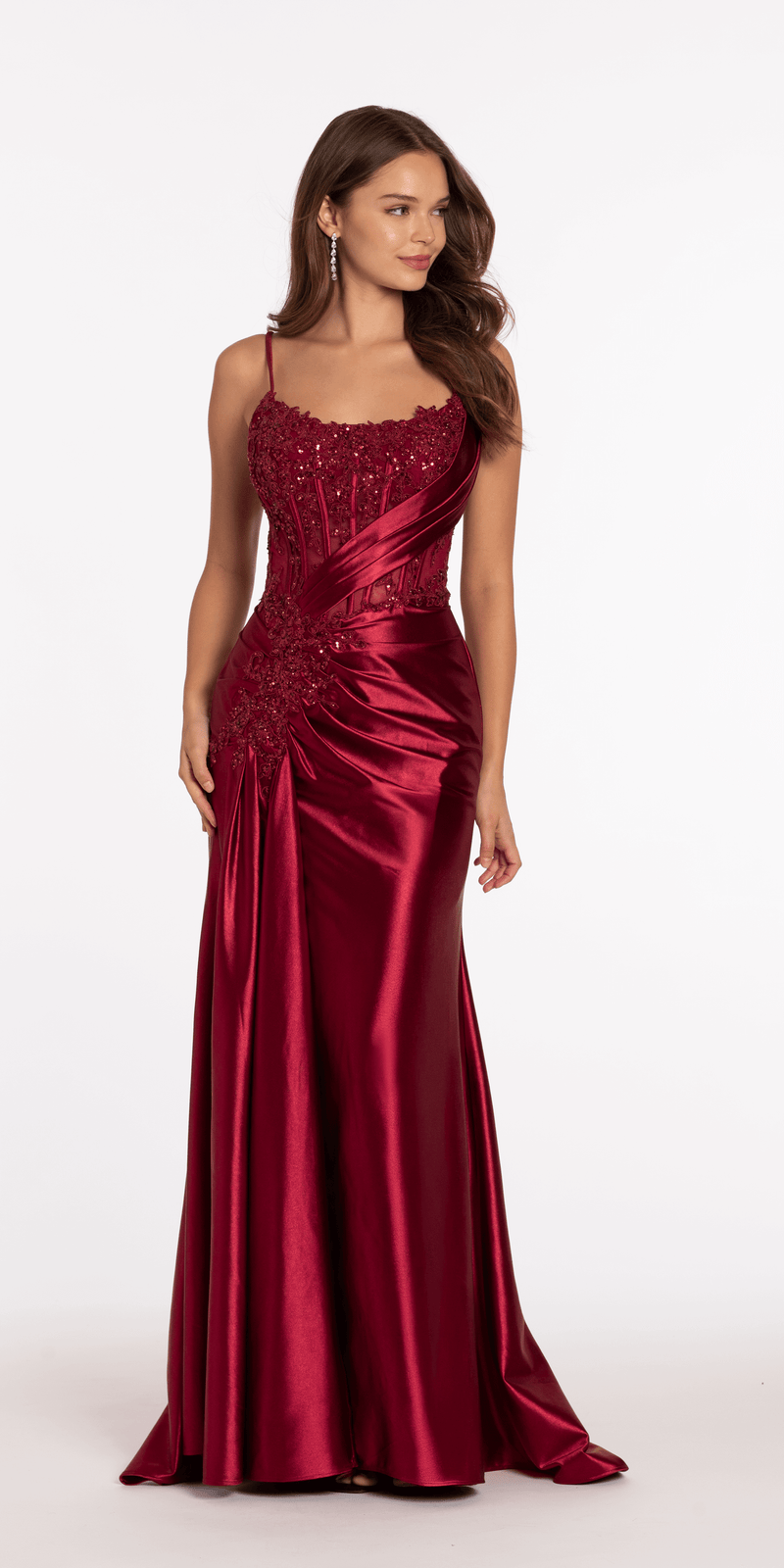 Stretch Satin Scoop Neck Beaded Corset Column Dress with Side Cascade Image 4