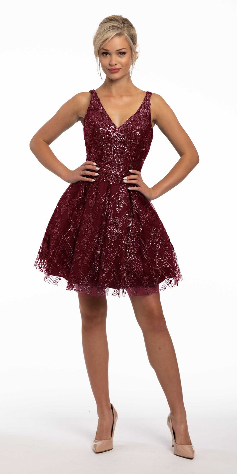 Sequin Glitter Criss Cross Fit and Flare Dress Image 3