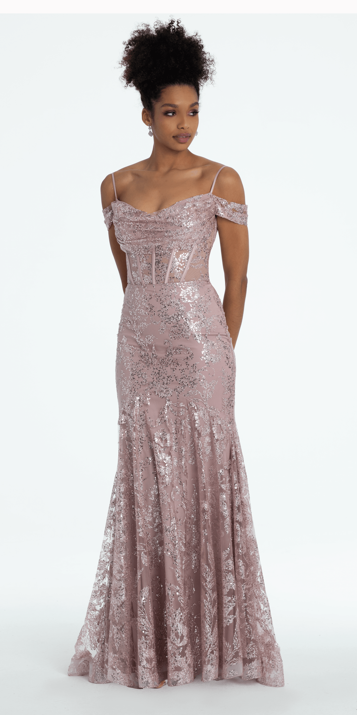 Camille La Vie Glitter Drape Off the Shoulder Corset Mermaid Dress