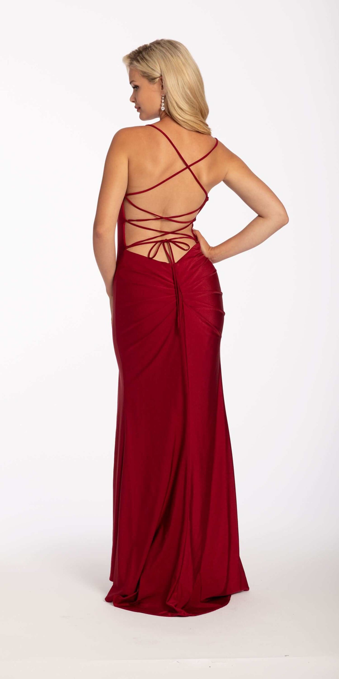 Camille La Vie Stretch Satin Drape Front Tie Back Halter Dress