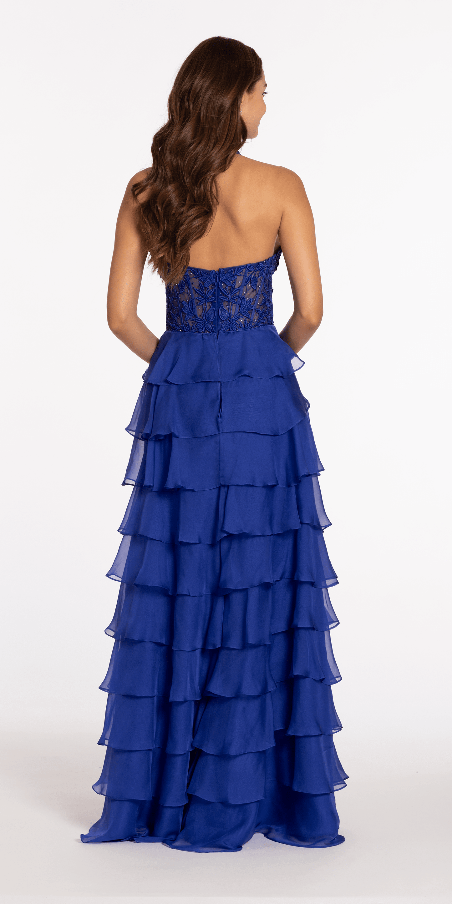 Camille La Vie Chiffon Tiered Halter A line Dress with Embellished Appliques