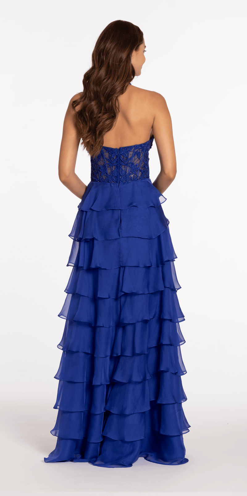 Chiffon Tiered Halter A line Dress with Embellished Appliques Image 5
