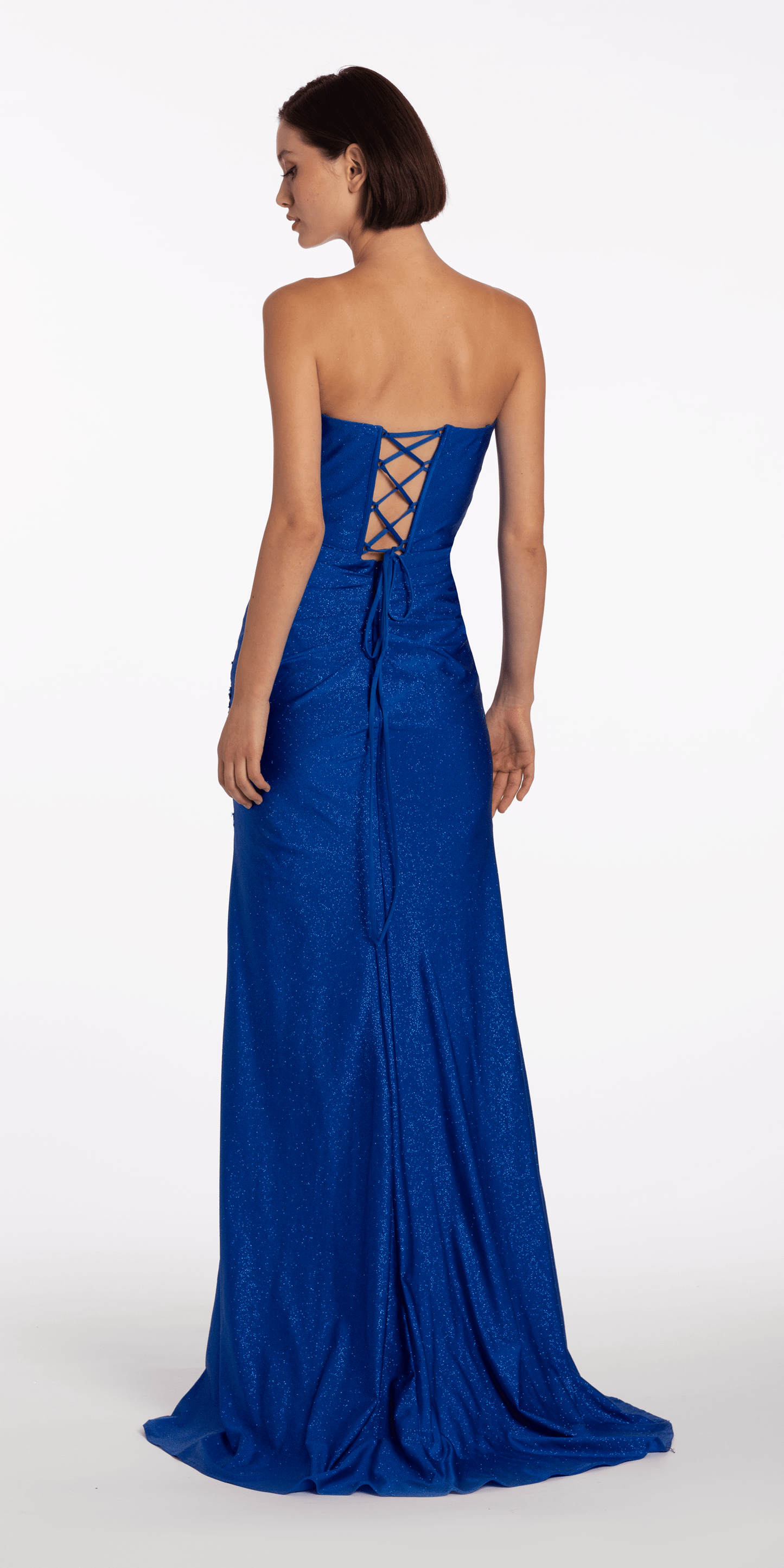 Camille La Vie Strapless Sweetheart Glitter Corset Column Dress with Exaggerated Slit