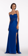 Strapless Sweetheart Glitter Corset Column Dress with Exaggerated Slit Image 1