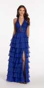 Chiffon Tiered Halter A line Dress with Embellished Appliques Image 1