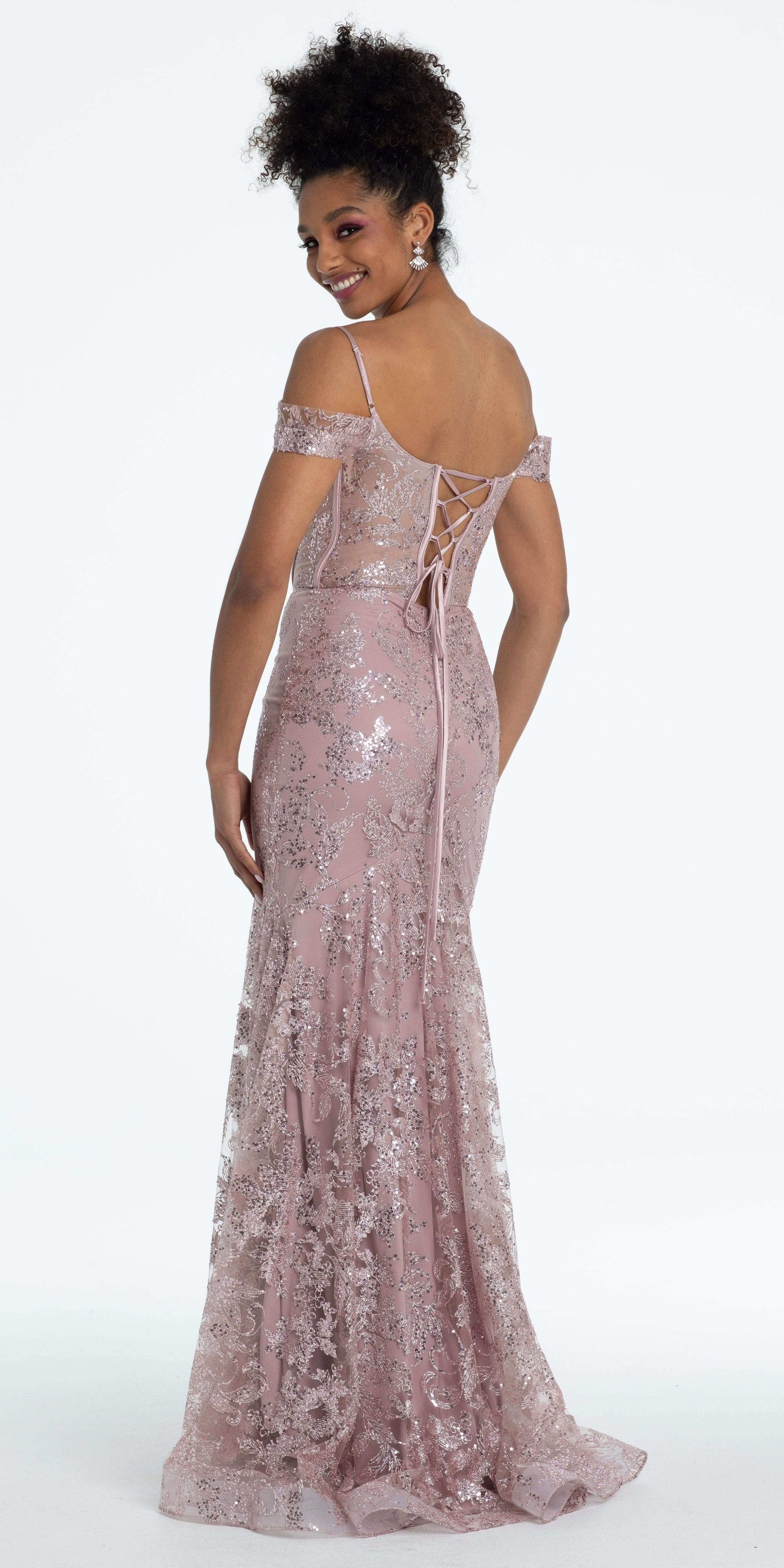 Camille La Vie Glitter Drape Off the Shoulder Corset Mermaid Dress