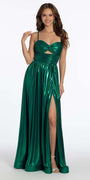 Metallic Foil Pleated Keyhole Lace Up A Line Dress Image 2
