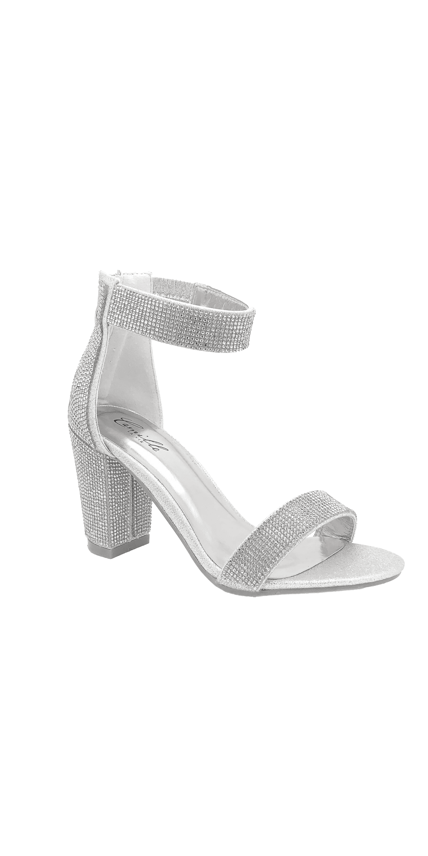 Camille La Vie /Caroi Rhinestone Mid Heel Zip Back Ankle Strap Sandal/size 5.5 / silver/side