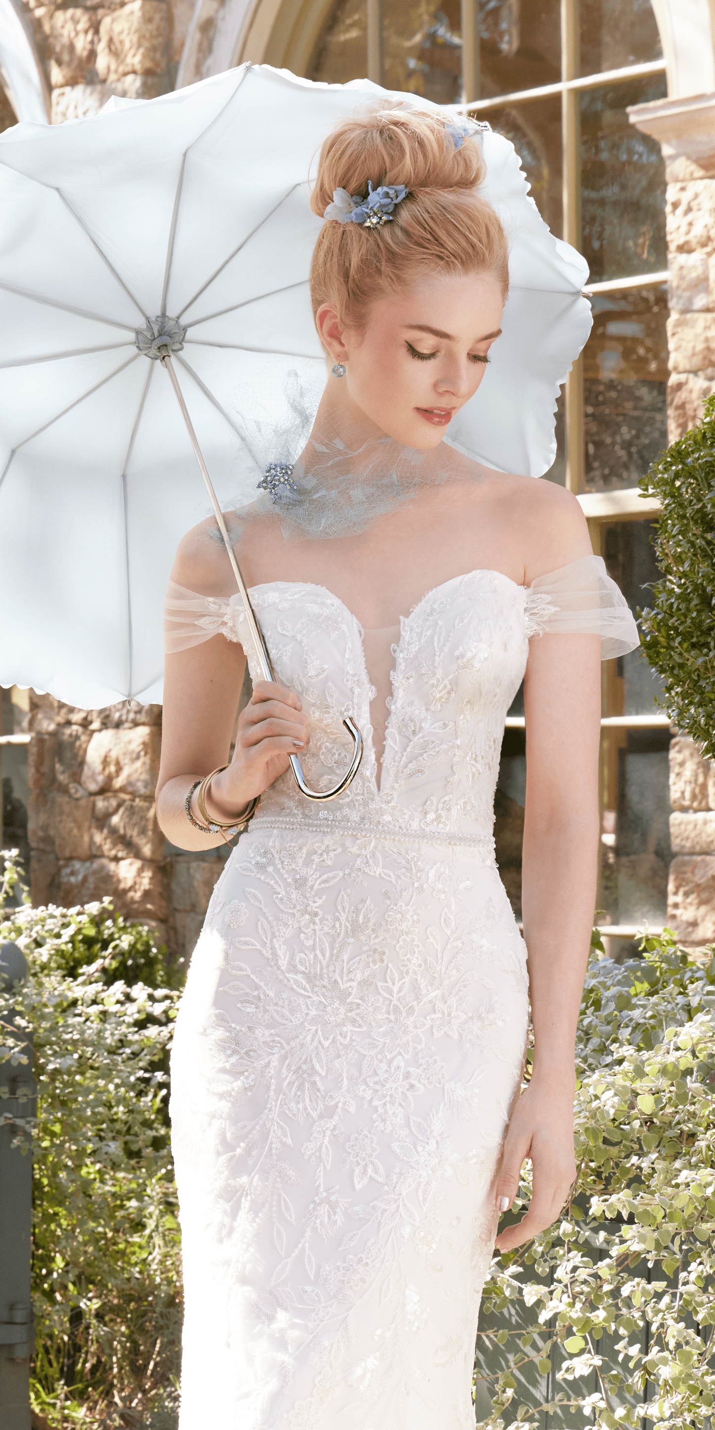 ivory/ Size 2/ missy/ Camille La Vie/ Off the Shoulder Tulle Plunging Beaded Trumpet Dress/Final Front
