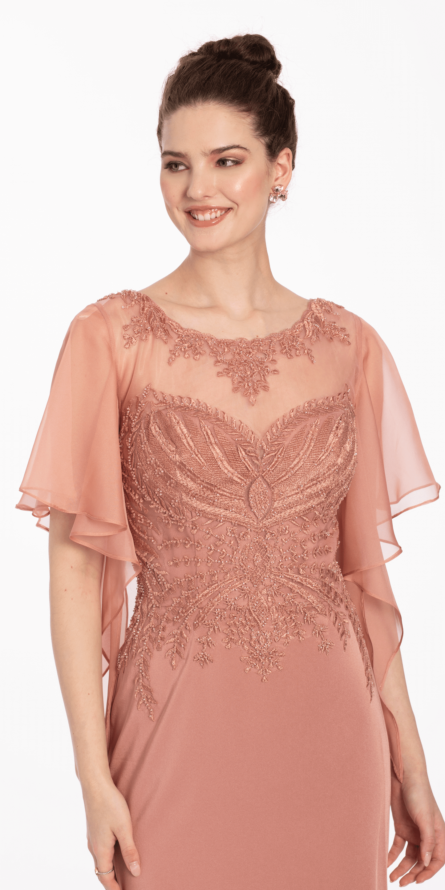 Camille La Vie Crepe Boat Neck Sheer Flutter Sleeve Column Dress