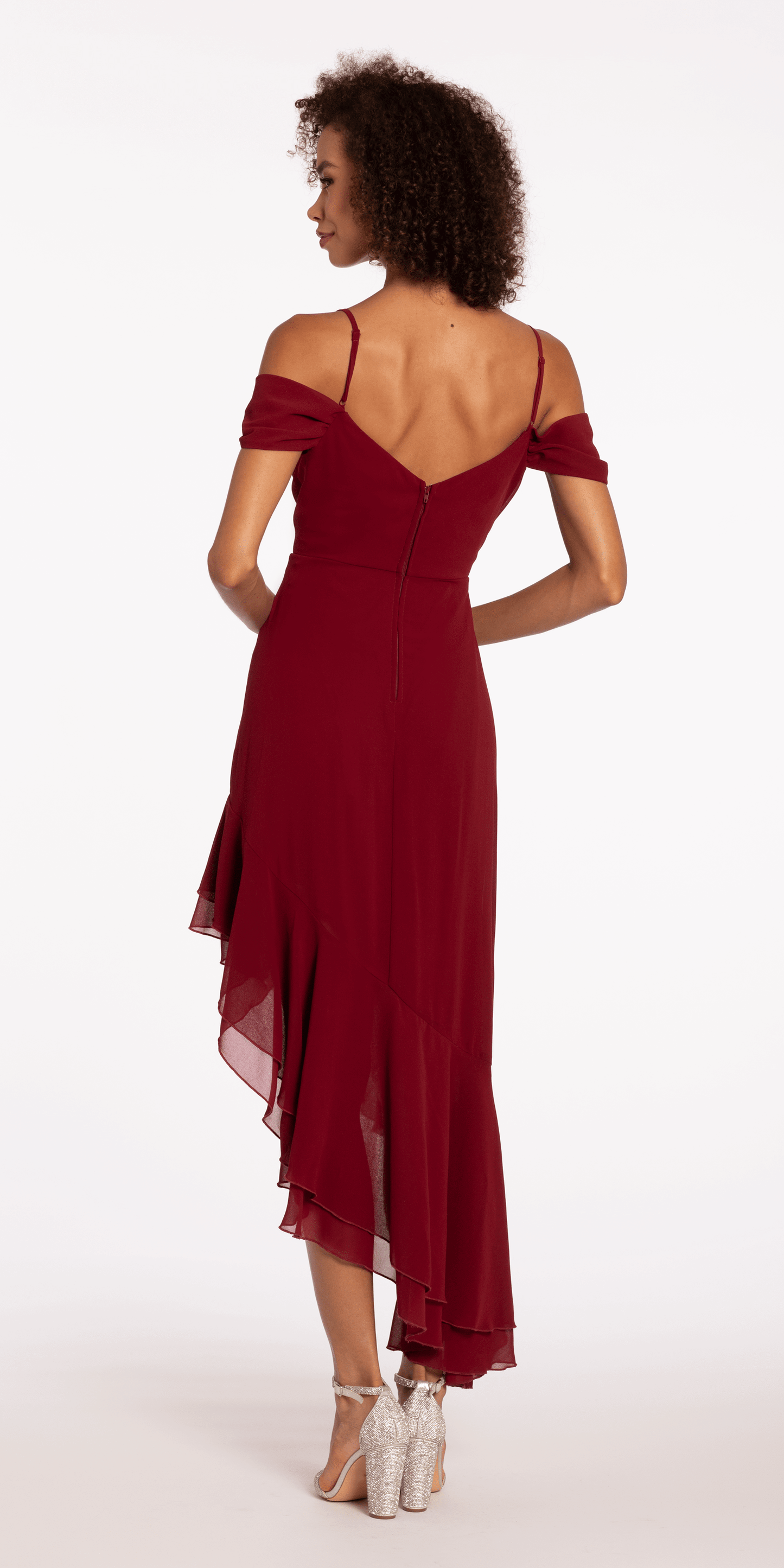 Camille La Vie Chiffon Off the Shoulder Drape High Low Dress with Ruffle Hem