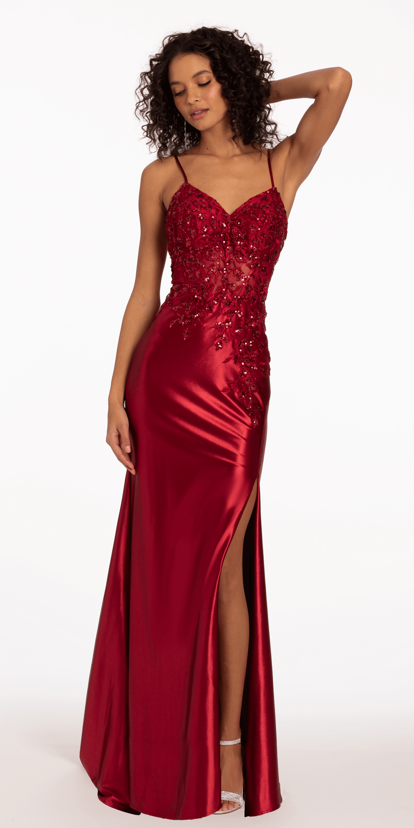 Camille La Vie 3 D Sequin Satin Sweetheart Corset Dress with Side Slit