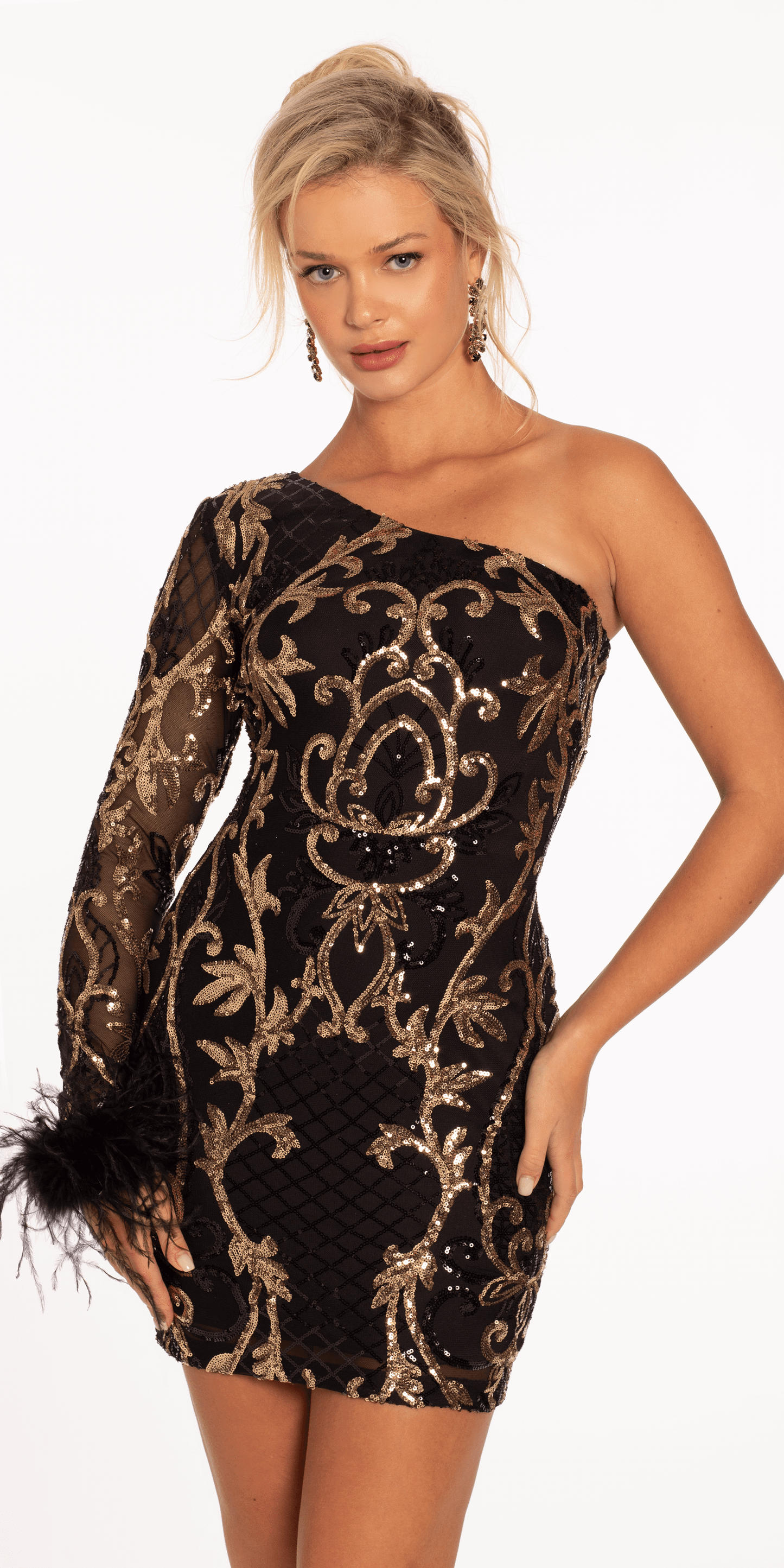 Camille La Vie Sequin One Shoulder Long Sleeve Bodycon Dress with Feather Cuff