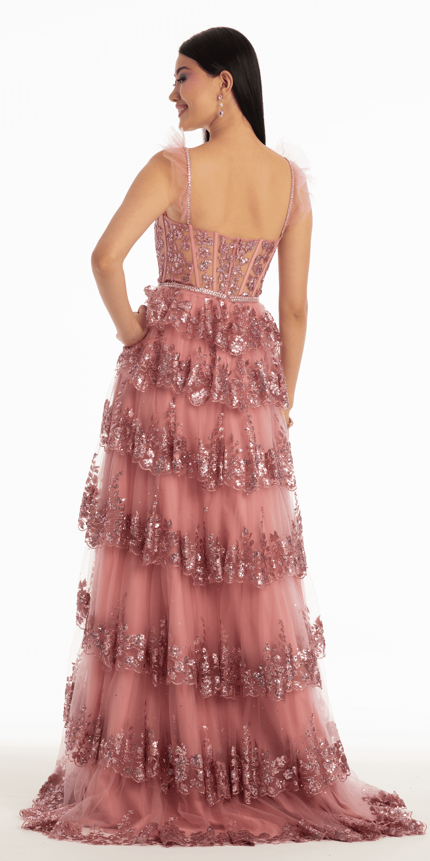 Camille La Vie Glitter Mesh Corset Tiered Ballgown with Sequin and Ruffle Detail